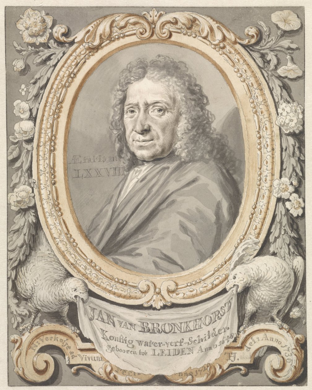 Portræt af Johannes (Jan) van Bronkhorst i ramme med blomster og to fugle af Tako Hajo Jelgersma