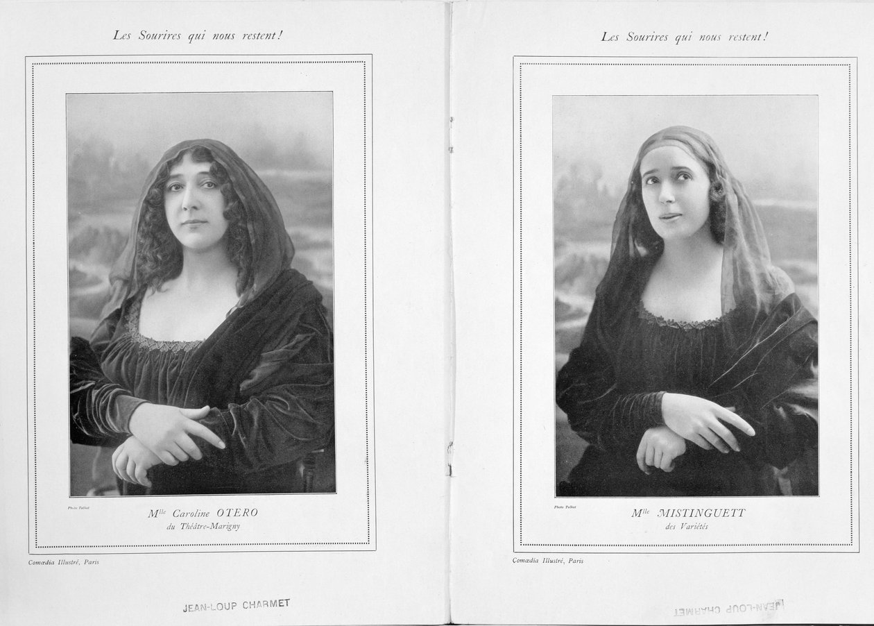 La Belle Otero og Mistinguett som Mona Lisa, fra artiklen Les Sourires qui Nous Restent i Comoedia Illustre, 1911 (sort foto) af Talbot