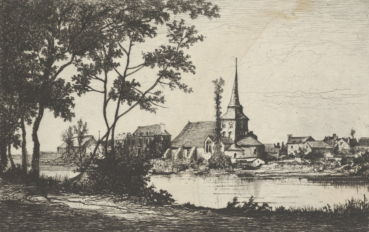 By med en kirke på tværs af en flod, 1800-tallet. af Tancrède Abraham