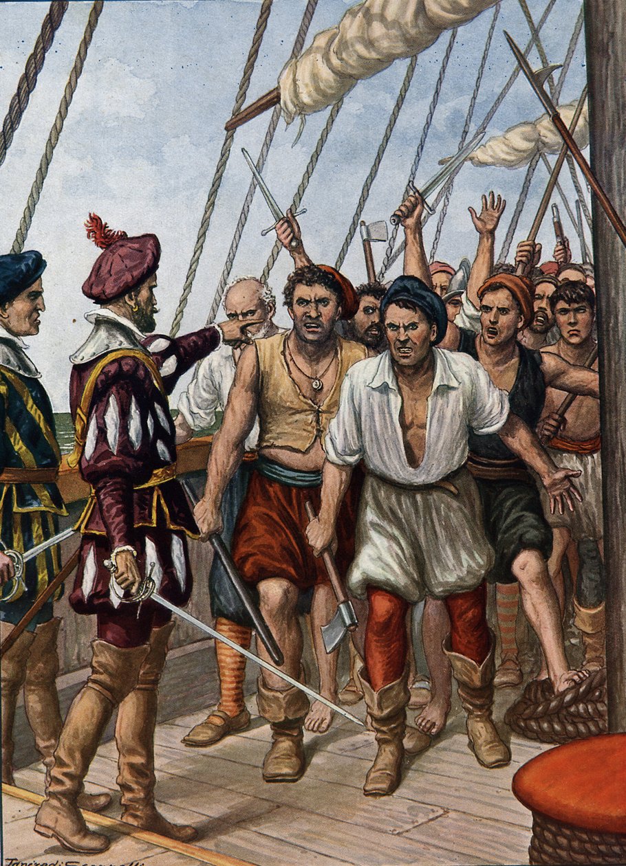 Mytteriet af besætningen på den portugisiske Flor de La Mar, mod deres general, Afonso de Alberquerque i ca. 1511, illustration fra "History of the Navigators", 1936 af Tancredi Scarpelli