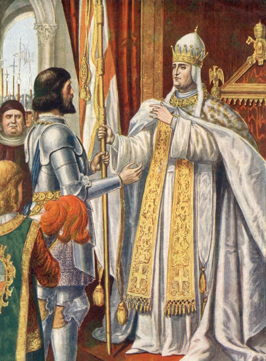 Alberico da Barbiano modtager et flag fra pave Urban VI med teksten "Italien befriet fra barbarerne". af Tancredi Scarpelli