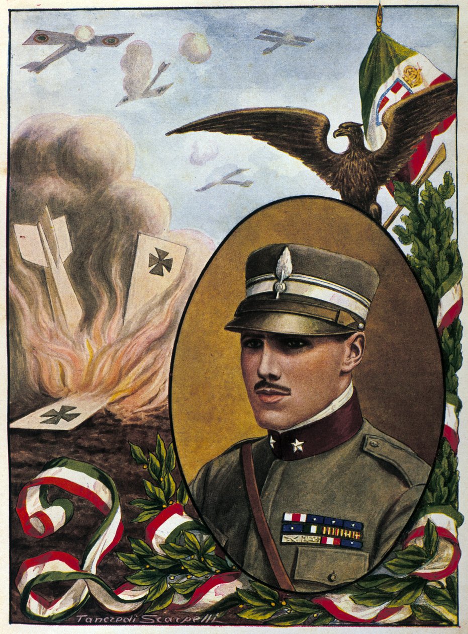 Allegori om major Francesco Baracca (1888-1918) helte fra det italienske luftvåben, der døde i kamp i 1918. Tegning af Tancredi Scarpelli. Milanese. af Tancredi Scarpelli