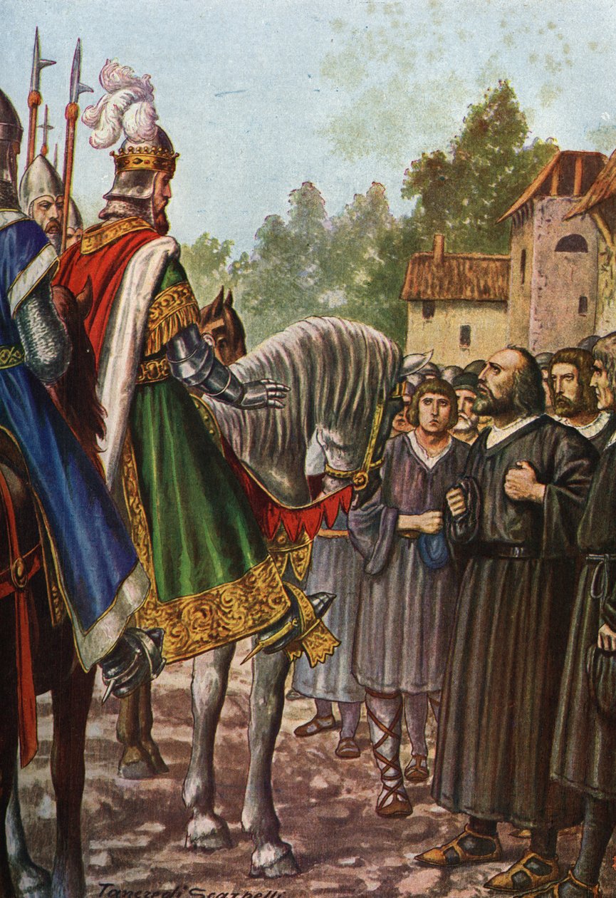 Kejser Frederic I Barberossa (1122-1190) passerer på sin anden rejse til Italien i 1158 floden Adda og møder folket i Lodi, som beder ham om at få deres territorium tilbage. Tancredi Scarpelli (1866-1937) fra "Storia d