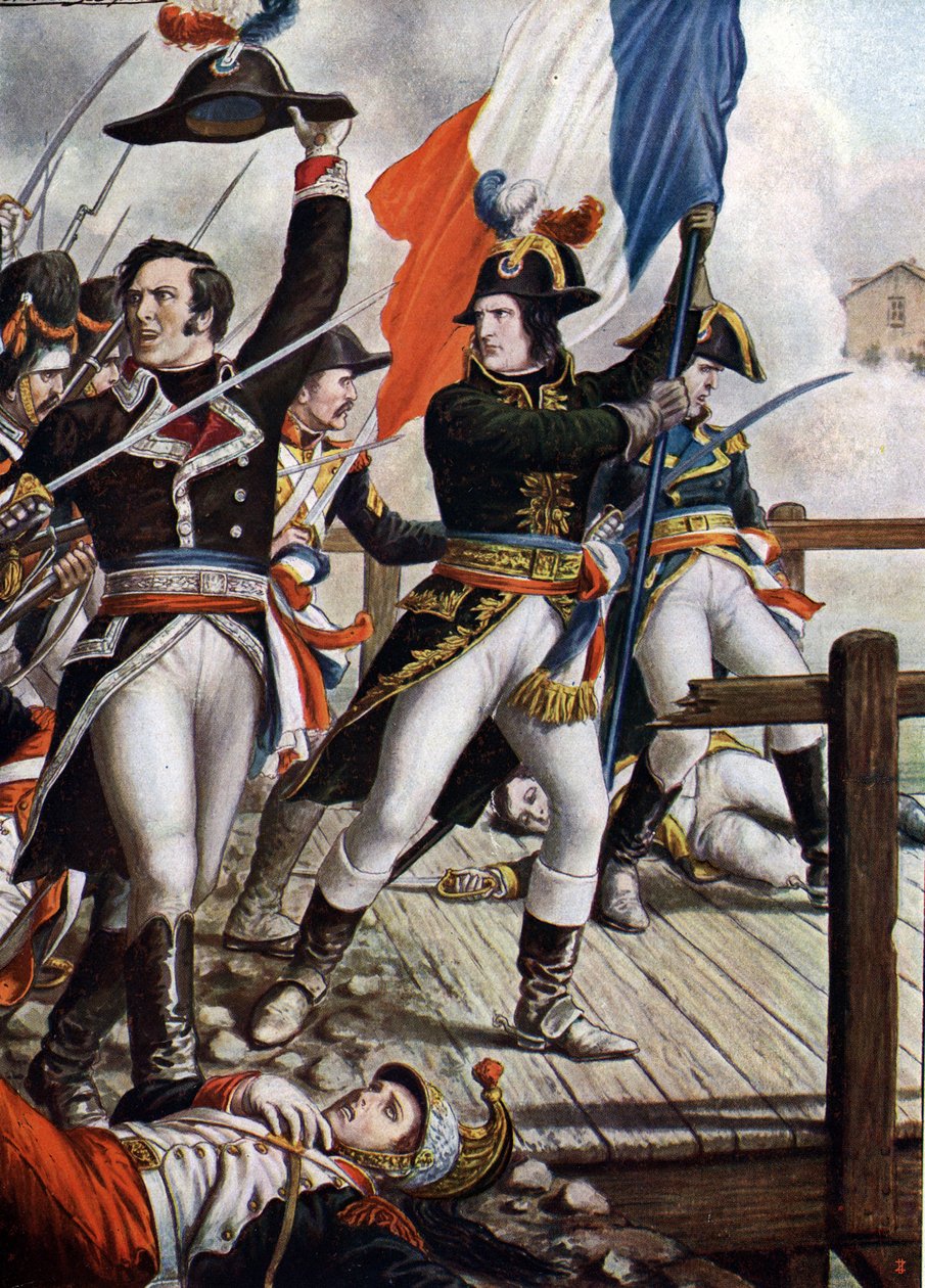 Første italienske kampagne: Napoleon Bonaparte (1769-1821) ved slaget ved Arcole-broen, november 1796” (Napoleon Bonaparte under slaget ved Arcole-broen (Arcola), november 1796) Illustration af Tancredi Scarpelli (1866-1937) fra "Storia af Tancredi Scarpelli