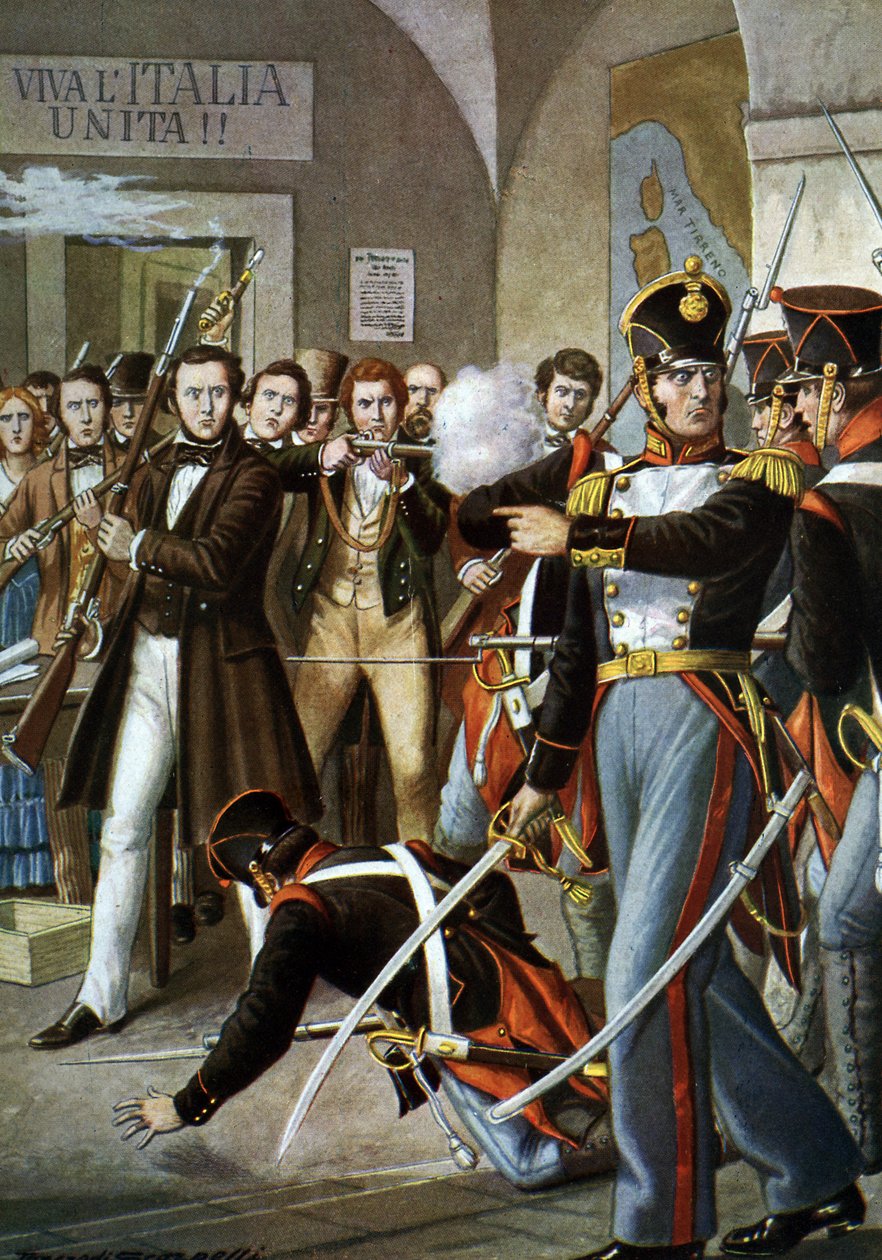 Oprørsbevægelser i 1830: Arresteringen af Ciro Menotti (1798-1831) Italiensk patriot medlem af Carbonari-bevægelsen (Carboneria, Coalwork) a Modene, i 1830, Italien" (Angreb på Ciro Menottis hus under oprøret i Modena, Italien 1830) Illustr af Tancredi Scarpelli