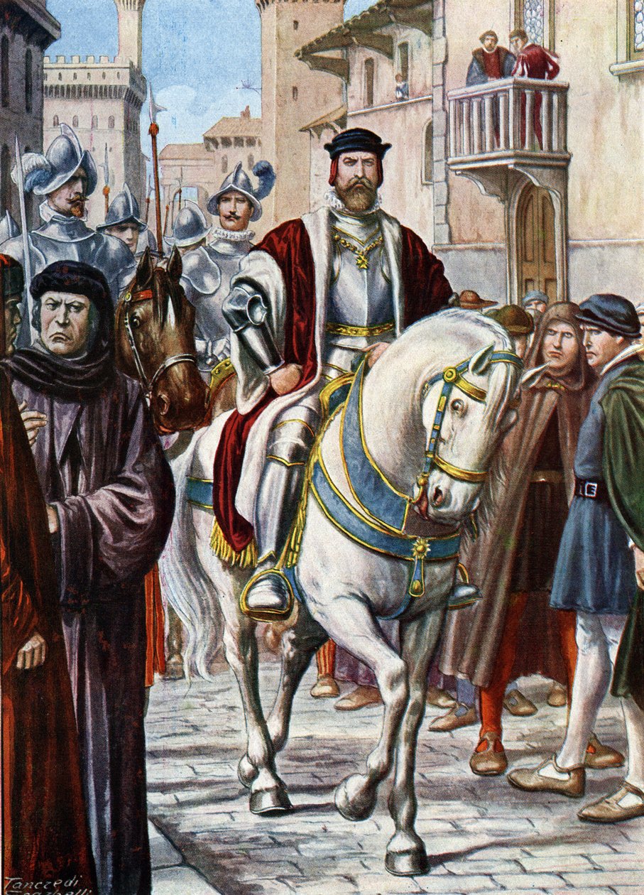 Portræt af Cosimo (Kom) I af Toscana (Cosimo de Medici) (1519-1574), der cirkulerede gennem Firenzes gader, omringede medlemmer af hans milits bestående af spanske og tyske soldater (Portræt af Cosimo I de Medici, storhertug af Toscana , beskyttet af Tancredi Scarpelli