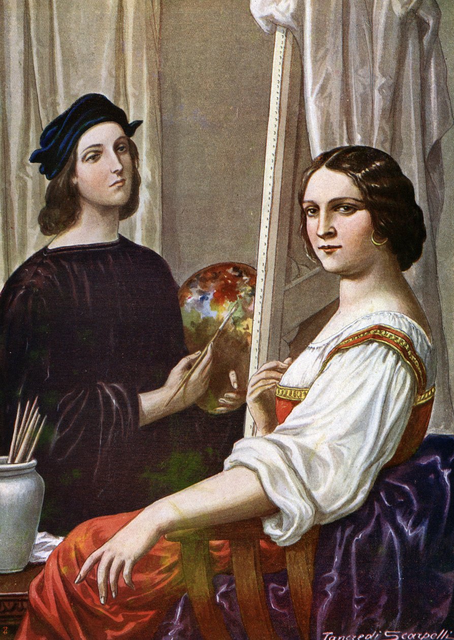 Portræt af maleren Raphael (Raffaello Sanzio 1483 - 1520), der maler Fornarina (den italienske maler Raphael og den unge dame kaldet Fornarinaen) Illustration af Tancredi Scarpelli (1866-1937) fra "Storia d