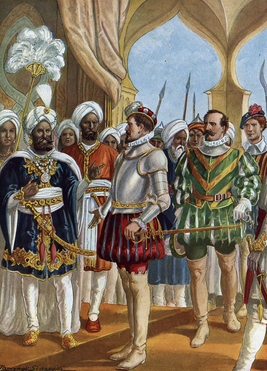 Den portugisiske navigatør Pedro Alvares Cabral (1460-1526) ved hoffet hos kongen (Zamorin) af Calicut (Kozhikode) den 13/09/1500 for at forhandle om etableringen af en skranke, Indien (den portugisiske navigatør Pedro Alvares Cabral forhandler med Zamorin af Tancredi Scarpelli