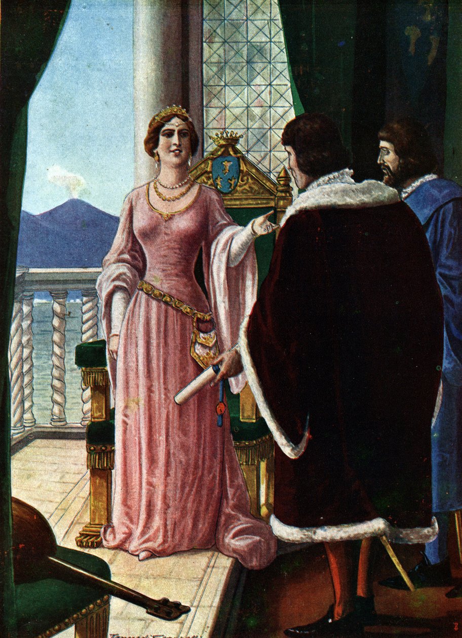 Dronning Joanna II af Napoli (Giovanna di Napoli eller Anjou Durazzo) (1373-1435) udpeger sin adoptivsøn Louis III af Anjou (1403-1434) Illustration af Tancredi Scarpelli (1866-1937) fra "" Sto af Tancredi Scarpelli