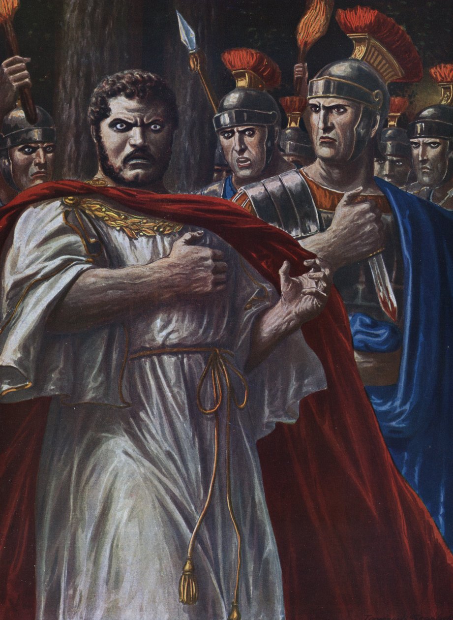 Romersk oldtid: "" den romerske kejser Caracallas død, myrdet nær Harran den 8. april 217 med et sværd af Martialis, en af officererne fra hans tætte vagt"" (attentatet på Caracalla, romersk kejser, af Julius Martialis, 217) Illustra af Tancredi Scarpelli