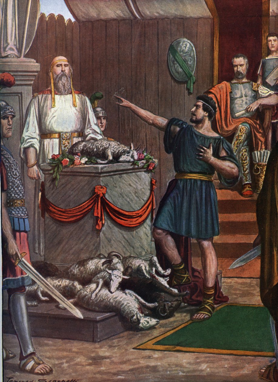 Romersk oldtid, tredje samnitsk krig: samnitisk ceremoni og ofring til hyldest til guderne før slaget ved Aquilonia i 293 f.Kr. Illustration af Tancred af Tancredi Scarpelli
