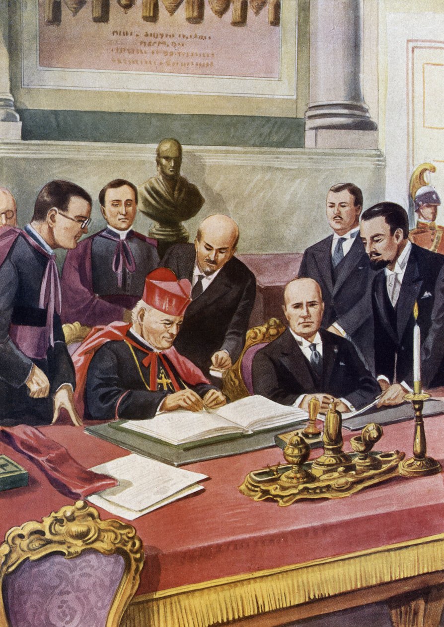 Underskrivelse af Lateran-aftalerne (Patti lateranensi) mellem den italienske regering (fascistisk) og den hellige Vatikanbelejring (St. Siege), som garanterer pavens suverænitet i Vatikanet og formaliserer den katolske religion i Italien: Kardinal Pietro af Tancredi Scarpelli