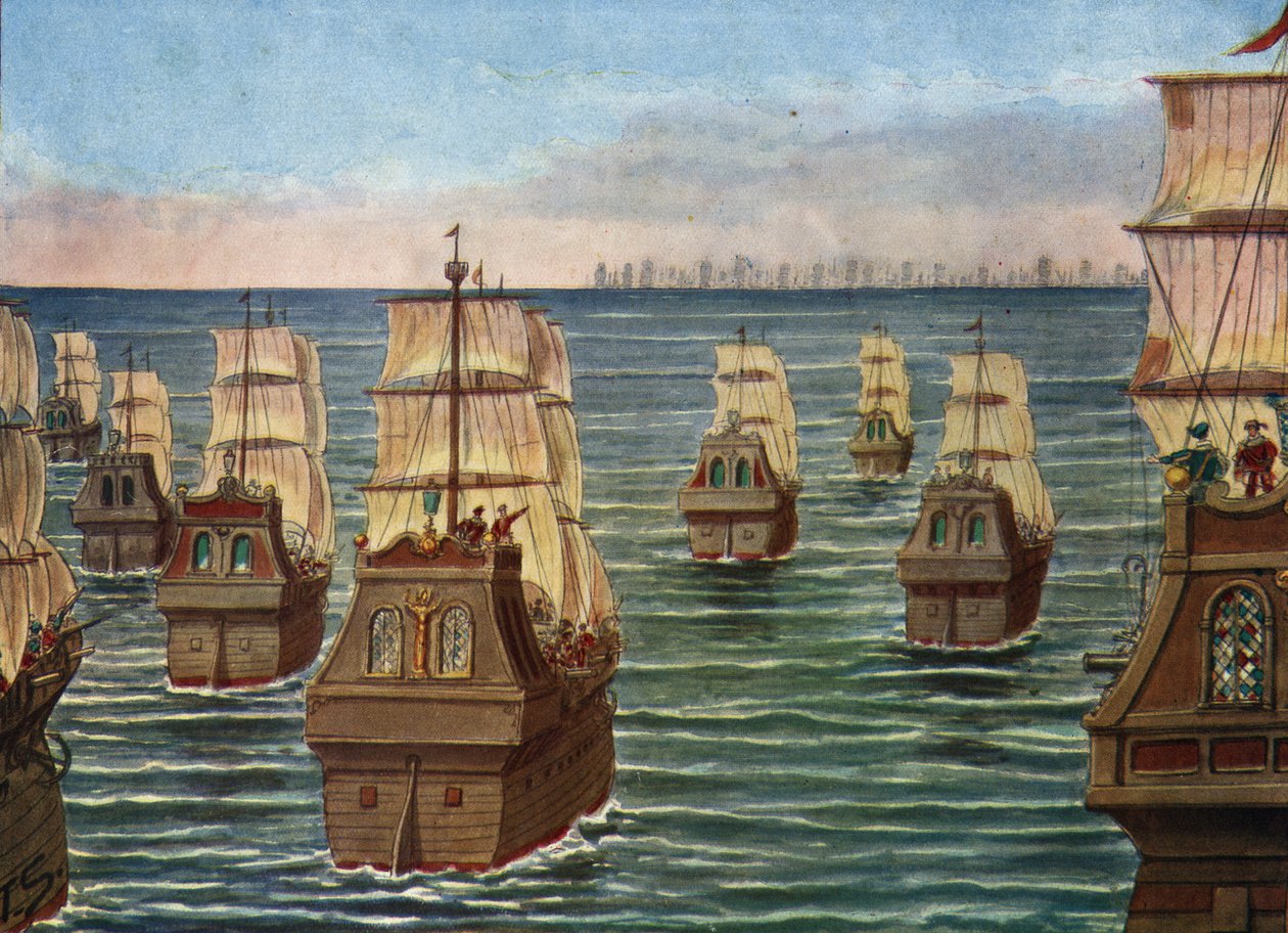 Slaget ved Cannanor fandt sted i marts 1506 ud for havnen i Cannanore i Indien, mellem den indiske flåde af Samorin af Calicut og en portugisisk flåde under Lourenco de Almeida, søn af vicekongen Almeida) Illustration af Tancredi Scarpelli i "" af Tancredi Scarpelli