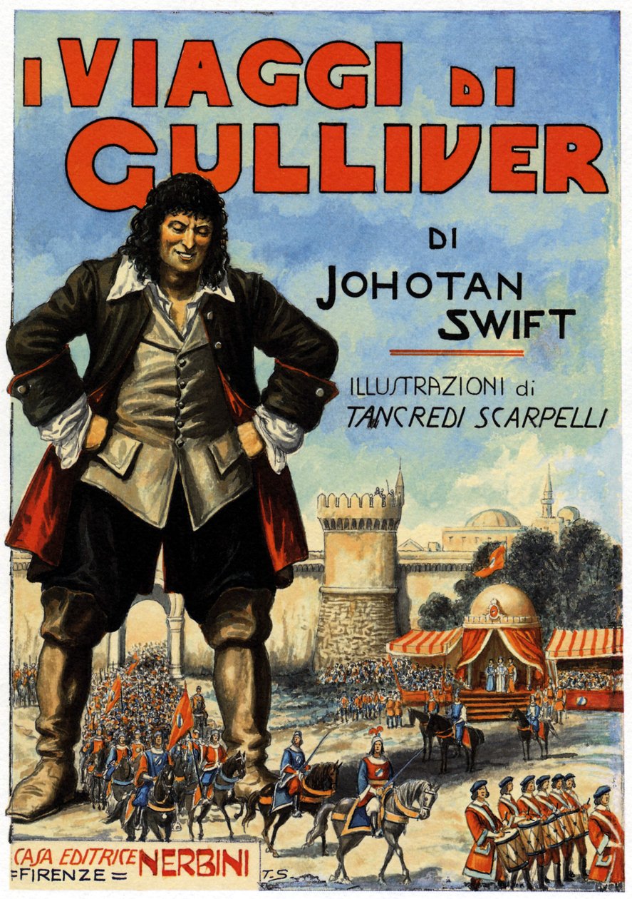 The Travel of Gulliver - omslag til en af udgaverne af Jonathan Swift (1667 - 1745). Editions Nerbini, Firenze, Italien (tryk) af Tancredi Scarpelli
