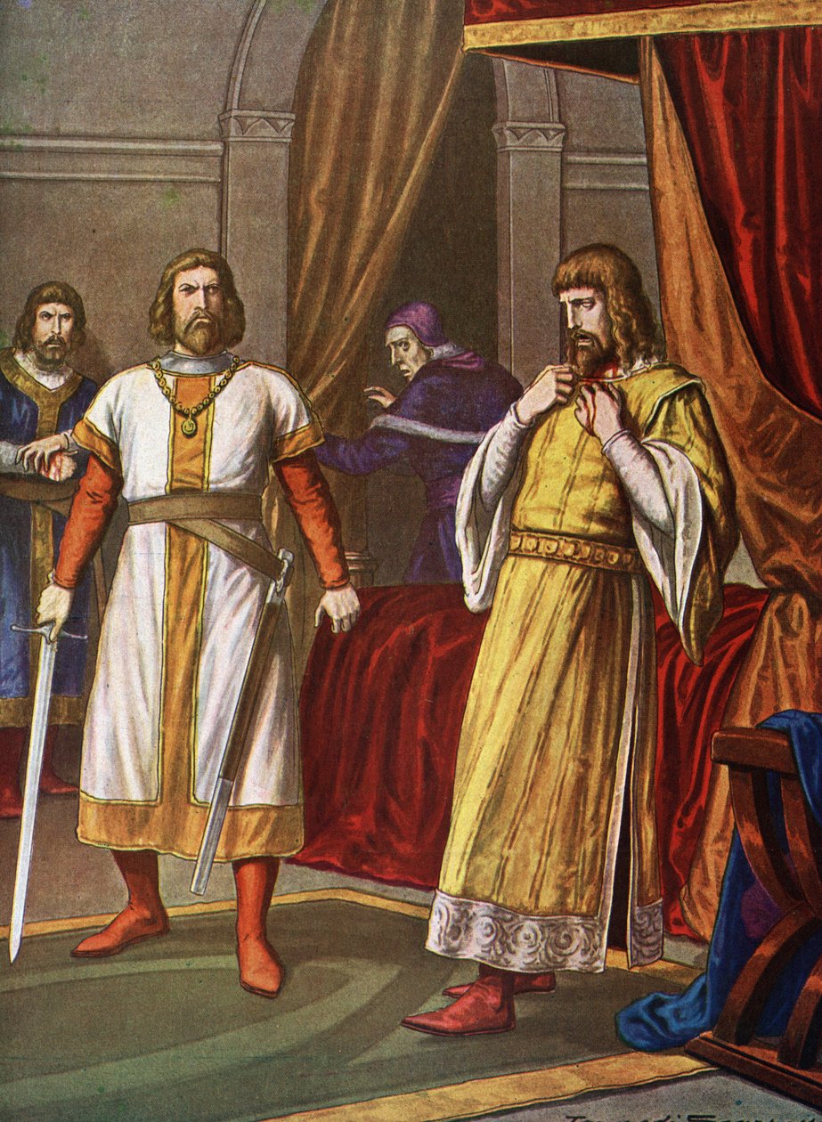 Mordet på prins Philip af Schwaben (1177-1208) den 21/06/1208 i Bamberg af Otton de Wittelsbach greve palatin af Baviere (attentatet på Filip af Schwaben (Philipp von Schwaben) i Bamberg, den 21. juni 1208 af grev Otto VIII af Wittelsbach) I af Tancredi Scarpelli