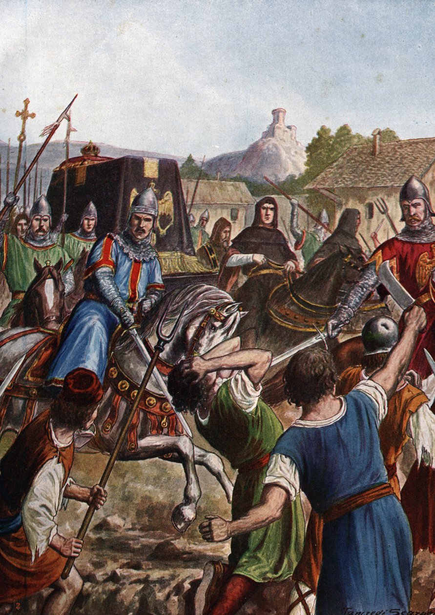 Begravelsen af kejser Otton (Othon) III af Det Hellige Rige (980-1002) fører resterne gennem Italien mod Aachen, der kæmper i sin passage mod oprørte befolkninger (kisten til Otto III, den hellige romerske kejser, der passerer gennem skarer i Italien af Tancredi Scarpelli
