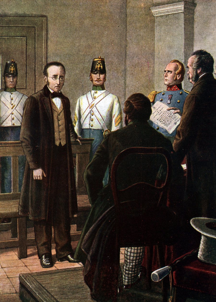 Læsningen af domsbrevet, der dømmer Silvio Pellico (1789 - 1854) og Piero Maroncelli (1795 - 1846) til fængsling i fæstningen Spielberg i Brno for deres tilhørsforhold til Carbonari-bevægelsen (Charbonnerie eller carboneria) af Tancredi Scarpelli