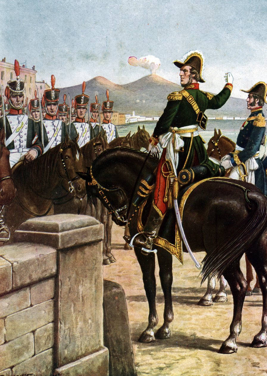 Opstand i Kongedømmet af de to Sicilier (1820): "" Militæren Guglielmo Pepe harangerede sine tropper i 1820 i Napoli, Italien - (italiensk patriot Guglielmo Pepe på Ponte della Maddalena i Napoli under den revolutionære bevægelse af Tancredi Scarpelli