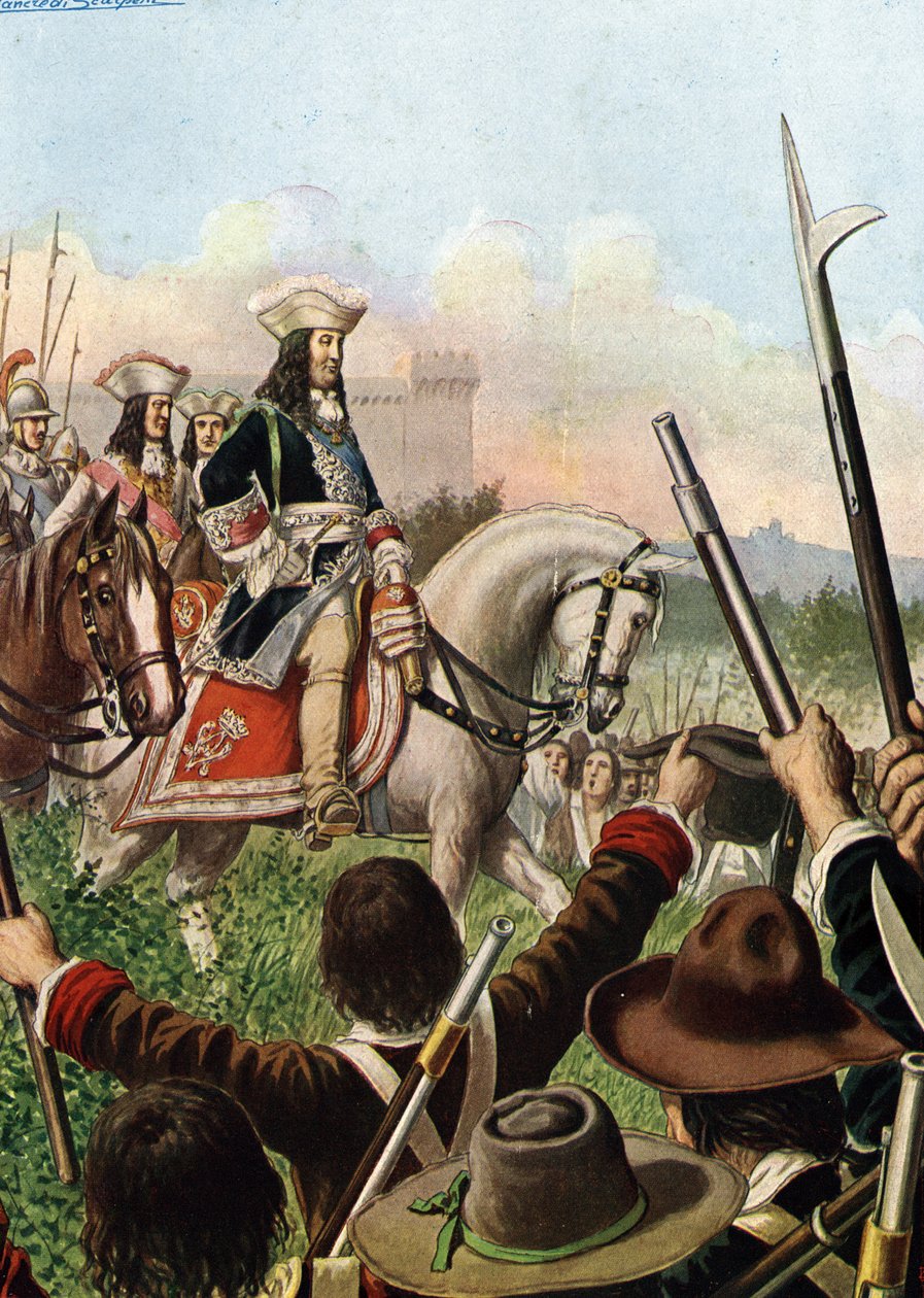 Den spanske arvefølgekrig: Hertug Vittorio Amedeo (Victor Amedee) II af Savoyen (1666-1732) erklærede krig mod Frankrig ved at alliere sig med Østrig i 1703” (Den spanske arvefølgekrig: Victor Amadeus II af Sardinien erklærer krig mod Frankrig, ca. 1703) I af Tancredi Scarpelli
