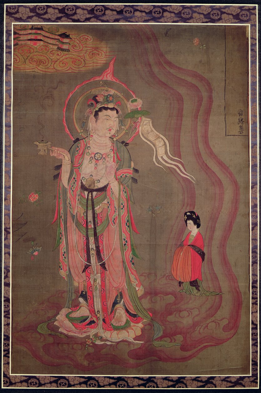 En Bodhisattva, der fører en dame til det rene land, ca. 851-900 (blæk & farver på silke) af Tang Dynasty Chinese School