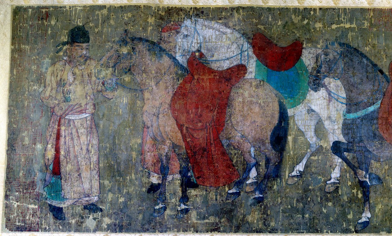 Kinesisk kunst: "" to palefreniers, der driver fire heste i en imperialistisk stald""" Detalje af et fragment af en silkemalerrulle tilskrevet Han Kan, maler af kejser Hiuan tsongs hof (712-756). Tang periode. Svag. 50x141 cm Paris musee Cernuschi af Tang Dynasty Chinese School