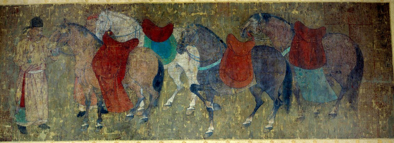 Kinesisk kunst: "" to palefreniers, der driver fire heste i en imperialistisk stald""" Fragment af en silkemalerrulle tilskrevet Han Kan, maler ved kejser Hiuan tsongs hof (712-756). Tang periode. Svag. 50x141 cm Paris musee Cernuschi af Tang Dynasty Chinese School