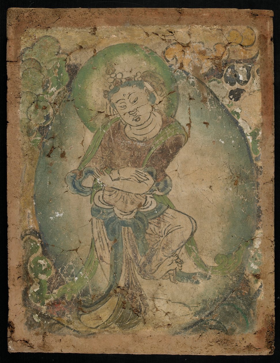 Dansende figur, Kizil, Xinjiang-provinsen, 600-800 (pigment på stuk) af Tang Dynasty Chinese School