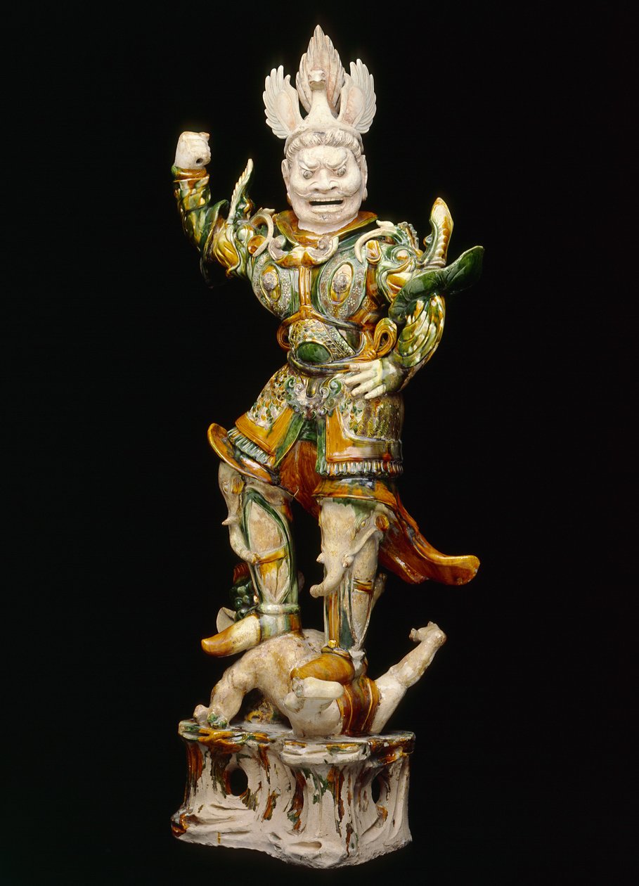 Lokapala (Heavenly Guardian), tidligt 8. århundrede (lertøj med tre farve (sancai) blyglasurer) af Tang Dynasty Chinese School