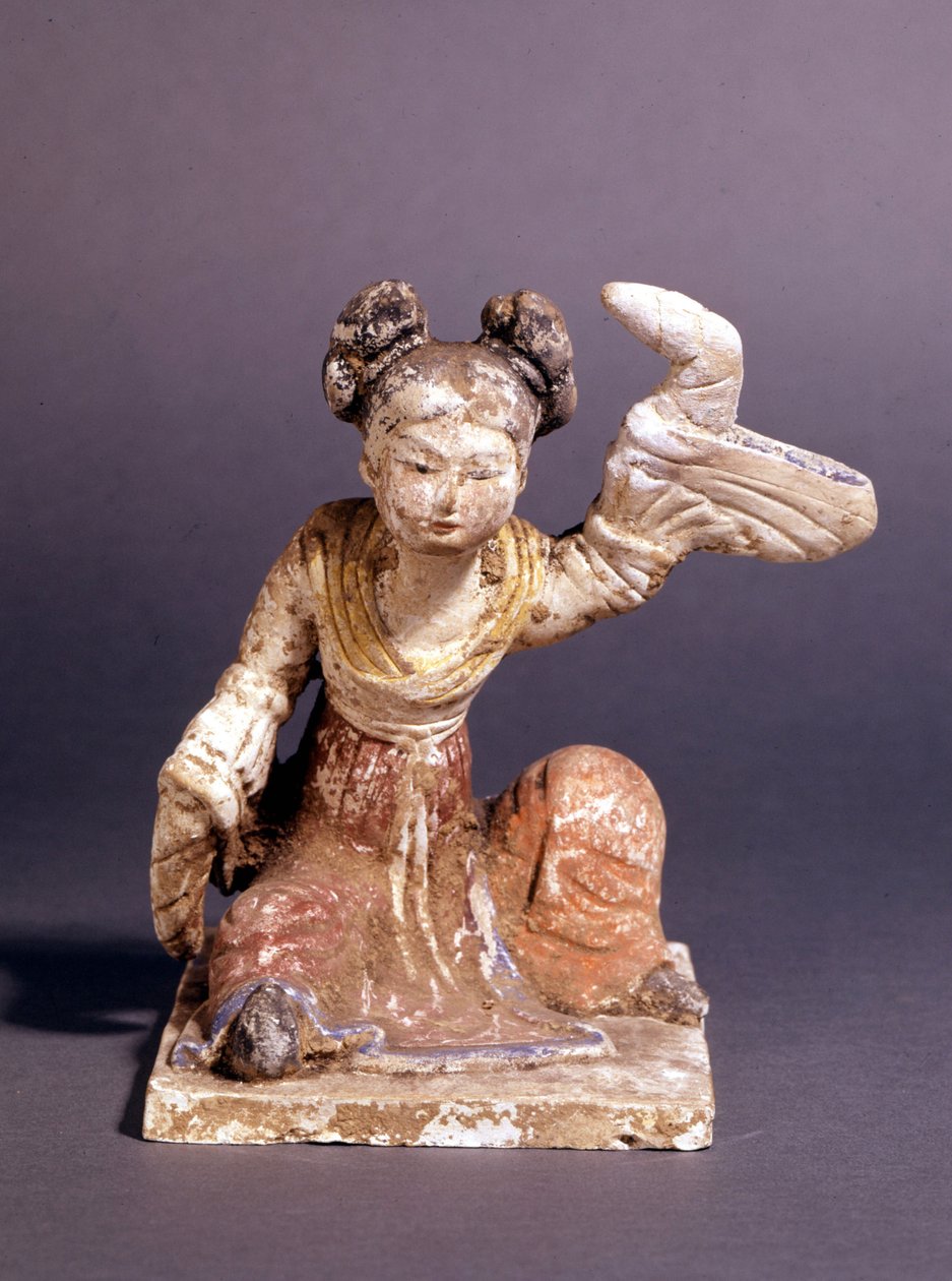 Statuette forestillende en kvinde i traditionel dragt fra Tang-dynastiet (eller T