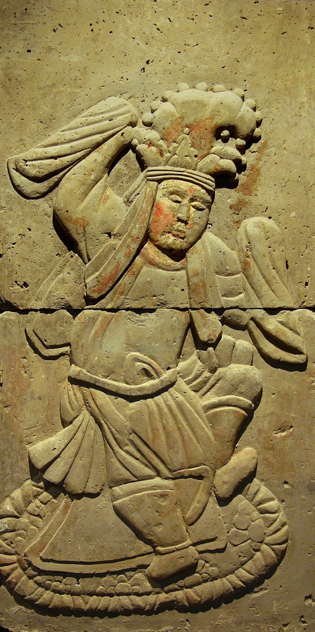 Terracotta stele med danser, Tang-dynastiet (618-907), opdaget i Shaanxi-provinsen, Steles Forest Museum i Xian. Fotografi, Leonard de Selva, Kina, 2006. af Tang Dynasty Chinese School