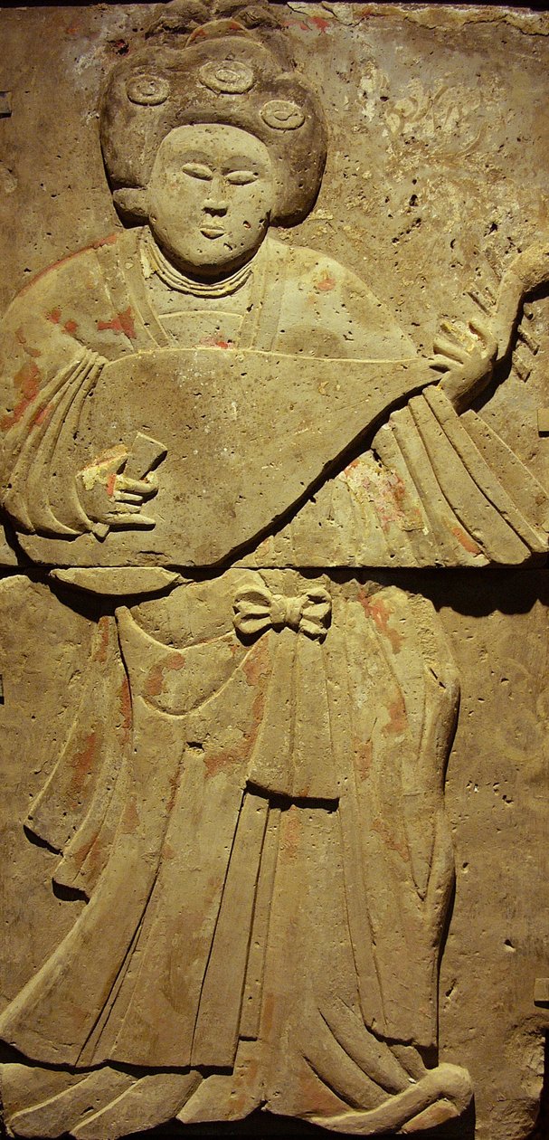 Terracotta stele med musiker, Tang-dynastiet (618-907), opdaget i Shaanxi-provinsen, Steles Forest Museum i Xian. Fotografi, Leonard de Selva, Kina, 2006. af Tang Dynasty Chinese School