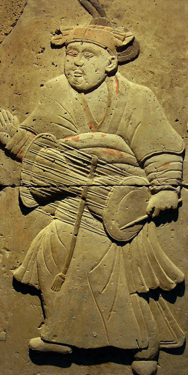 Terracotta stele med musiker, Tang-dynastiet (618-907), opdaget i Shaanxi-provinsen, Steles Forest Museum i Xian. Fotografi, Leonard de Selva, Kina, 2006. af Tang Dynasty Chinese School