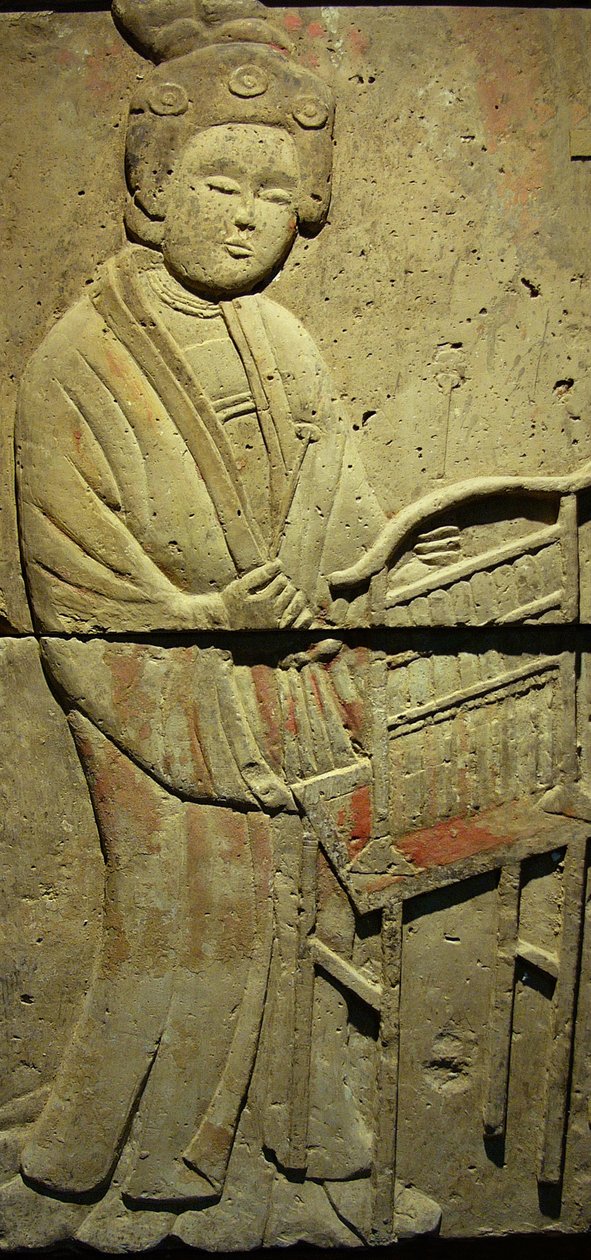 Terracotta stele med musiker, Tang-dynastiet (618-907), opdaget i Shaanxi-provinsen, Steles Forest Museum i Xian. Fotografi, Leonard de Selva, Kina, 2006. af Tang Dynasty Chinese School
