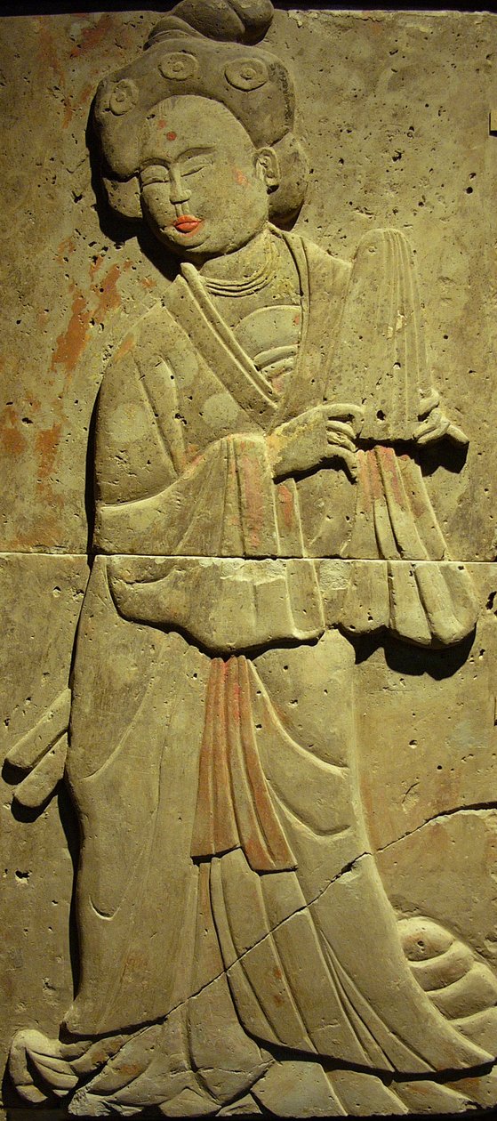 Terracotta stele med musiker, Tang-dynastiet (618-907), opdaget i Shaanxi-provinsen, Steles Forest Museum i Xian. Fotografi, Leonard de Selva, Kina, 2006. af Tang Dynasty Chinese School