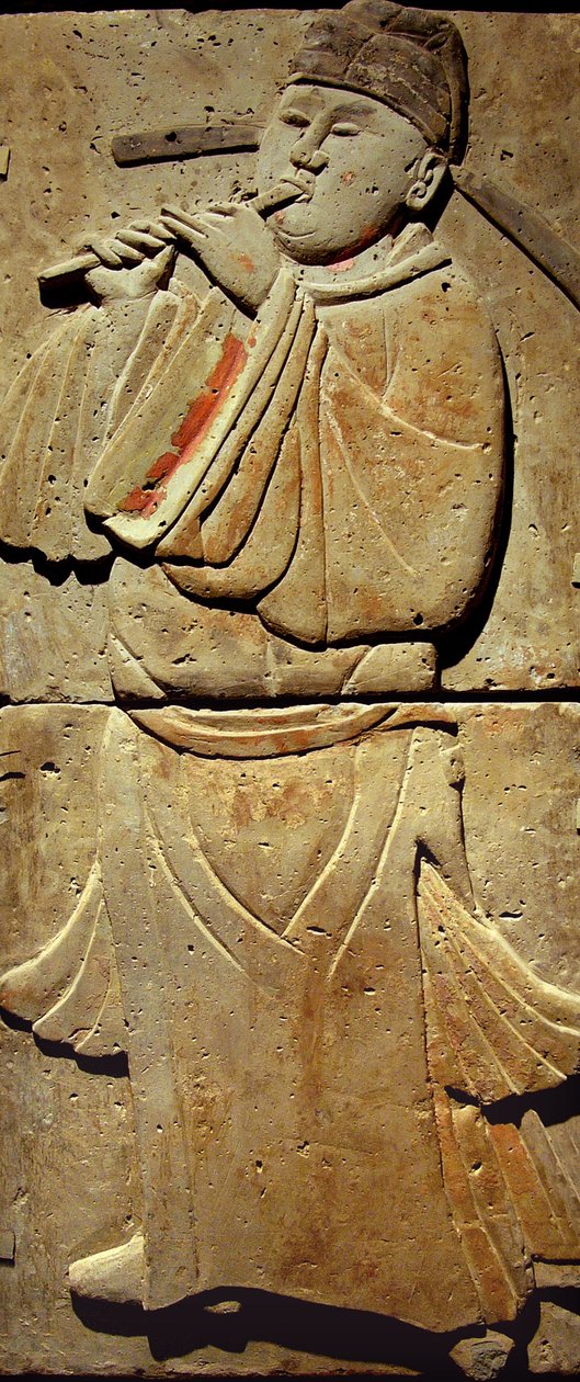 Terracotta stele med musiker, Tang-dynastiet (618-907), opdaget i Shaanxi-provinsen, Steles Forest Museum i Xian. Fotografi, Leonard de Selva, Kina, 2006. af Tang Dynasty Chinese School