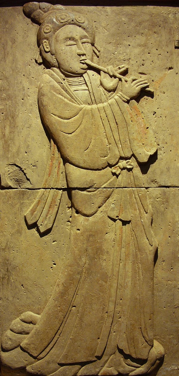 Terracotta stele med musiker, Tang-dynastiet (618-907), opdaget i Shaanxi-provinsen, Steles Forest Museum i Xian. Fotografi, Leonard de Selva, Kina, 2006. af Tang Dynasty Chinese School