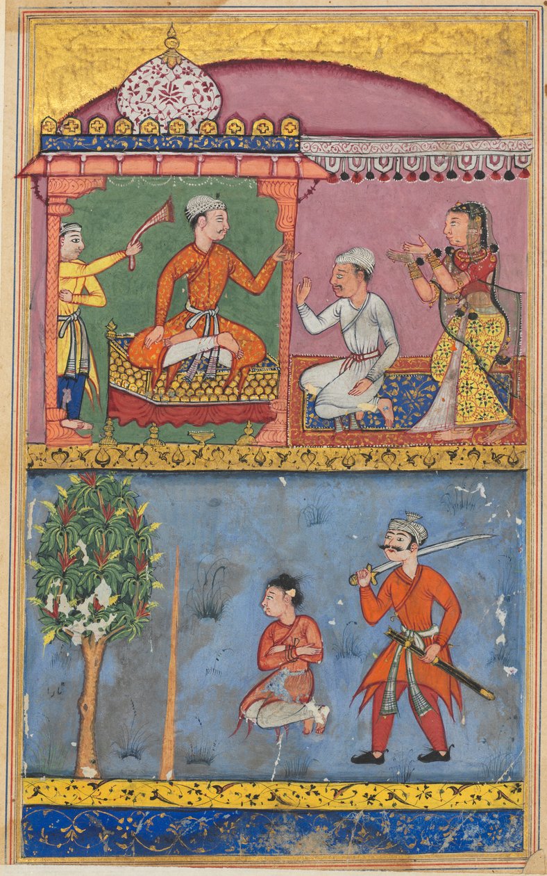 Side fra Tales of a Parrot Tuti-nama: Ottende nat: Tjenerinden appellerer..., ca. 1560. af Tara Chand