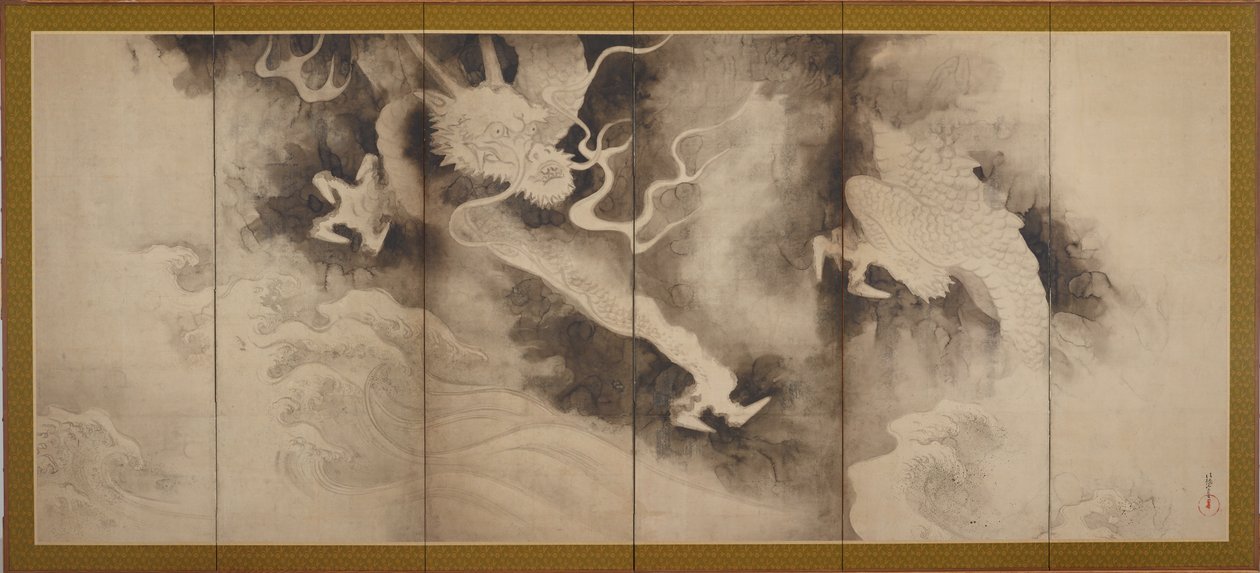 Dragons and Clouds, Edo Period (blæk og pint tone på papir) af Tawaraya Sotatsu