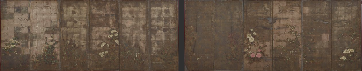 Årstidernes blomster, skærme (seks paneler), 1600-1630 (farve over sølv på papir) af Tawaraya Sotatsu