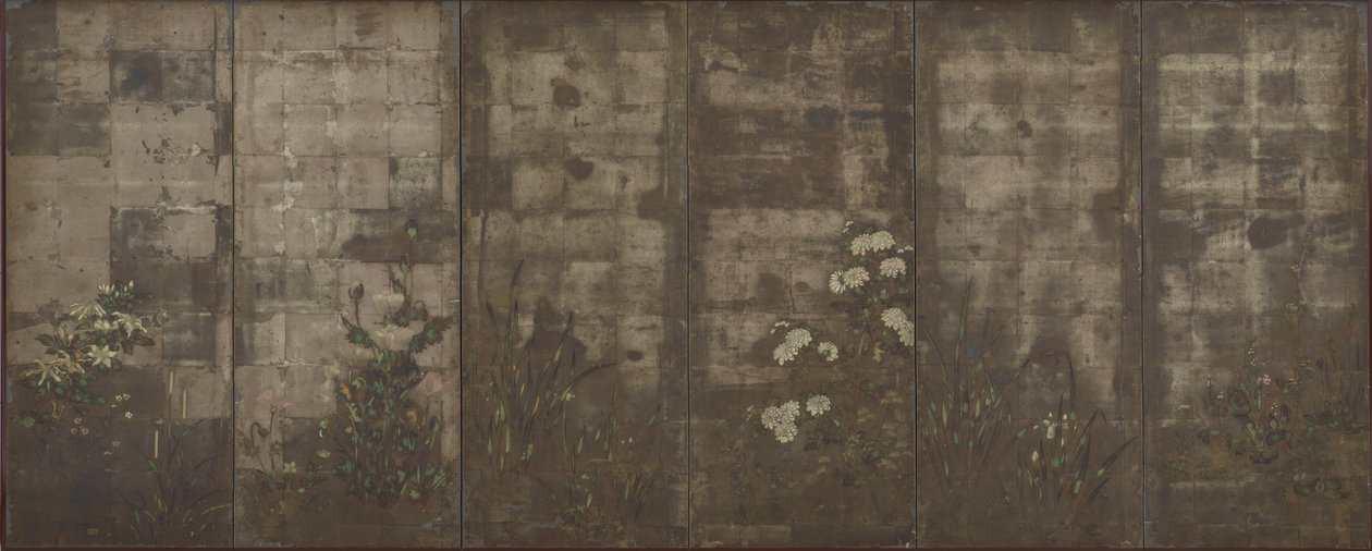 Årstidernes blomster, skærme (seks paneler), 1600-30 (farve over sølv på papir) af Tawaraya Sotatsu