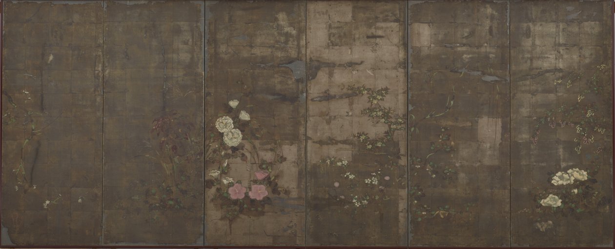 Årstidernes blomster, skærme (seks paneler), 1600-30 (farve over sølv på papir) af Tawaraya Sotatsu
