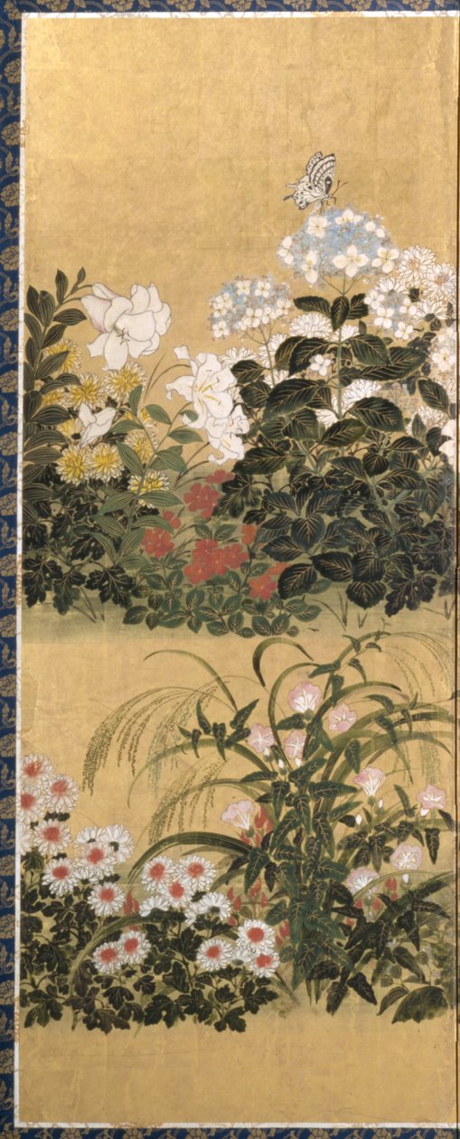 Blomster og sommerfugle (blæk, farve og bladguld på papir) af Tawaraya Sotatsu