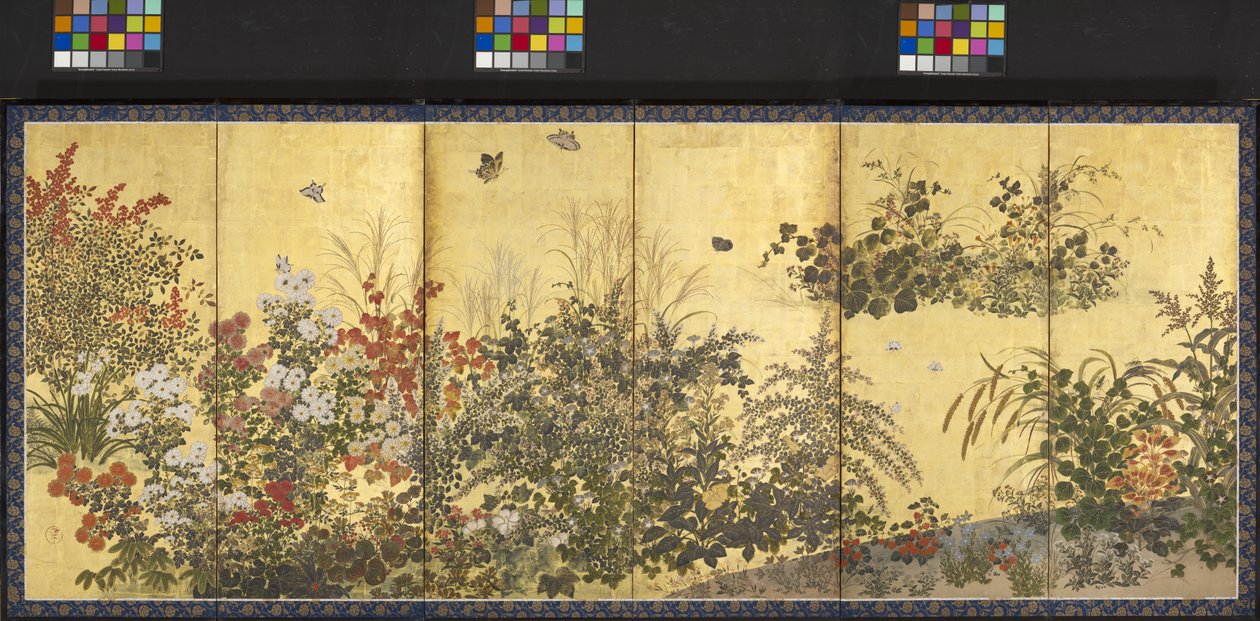 Blomster og sommerfugle (blæk, farve og bladguld på papir) af Tawaraya Sotatsu