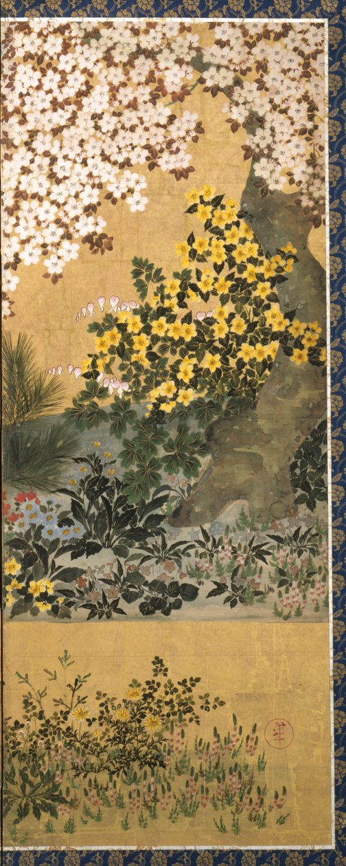 Blomster og sommerfugle (blæk, farve og bladguld på papir) af Tawaraya Sotatsu