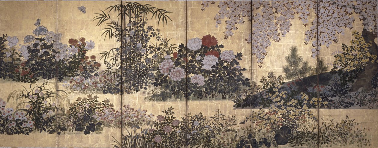 Blomster og sommerfugle (blæk, farve og bladguld på papir) af Tawaraya Sotatsu