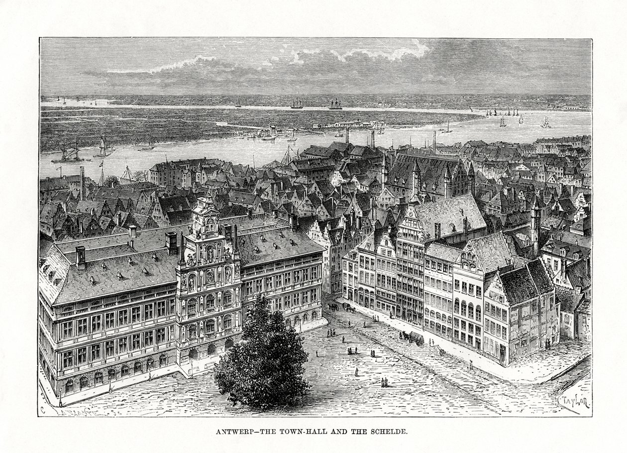 Rådhus og floden Schelde, Antwerpen, Belgien, 1879 af Taylor
