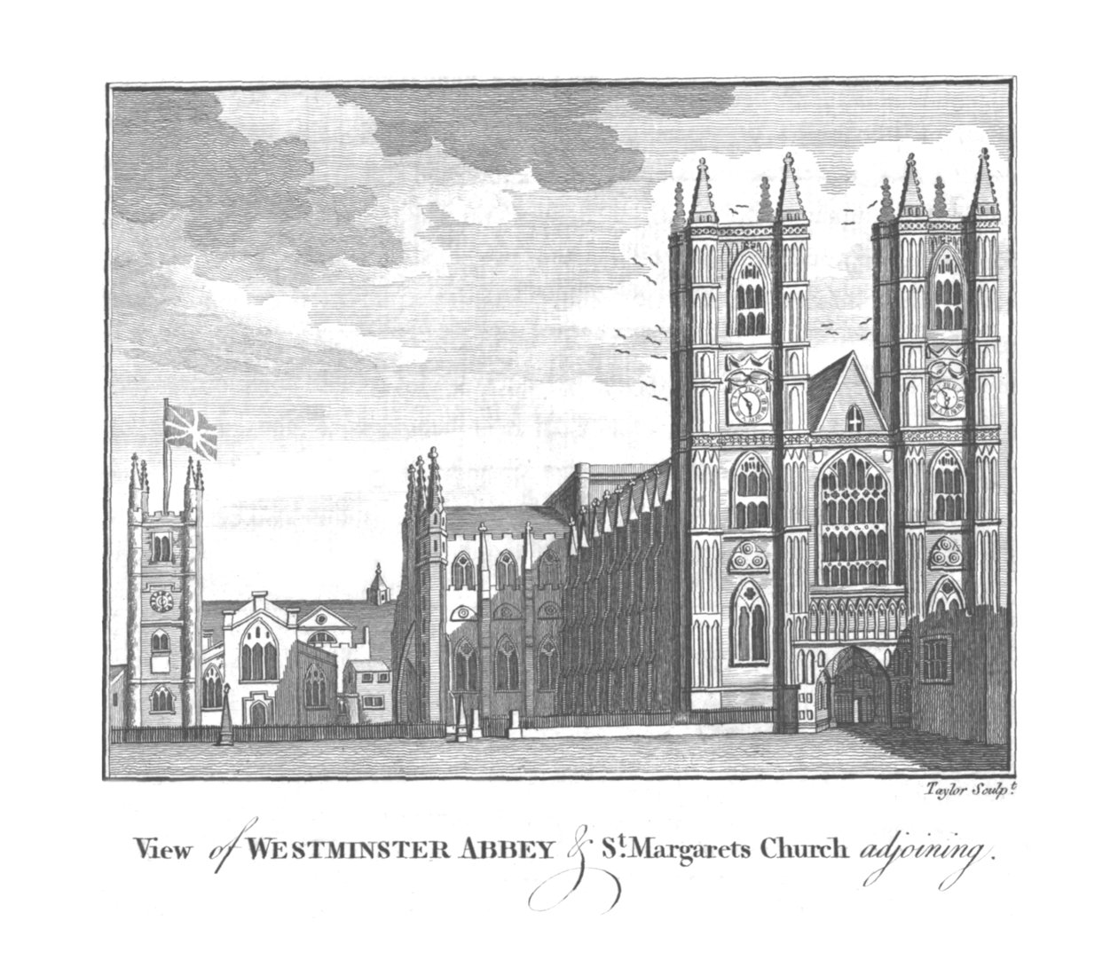 Udsigt over Westminster Abbey og St.Margarets Church tilstødende., slutningen af det 18.-begyndelsen af det 19. århundrede af Taylor