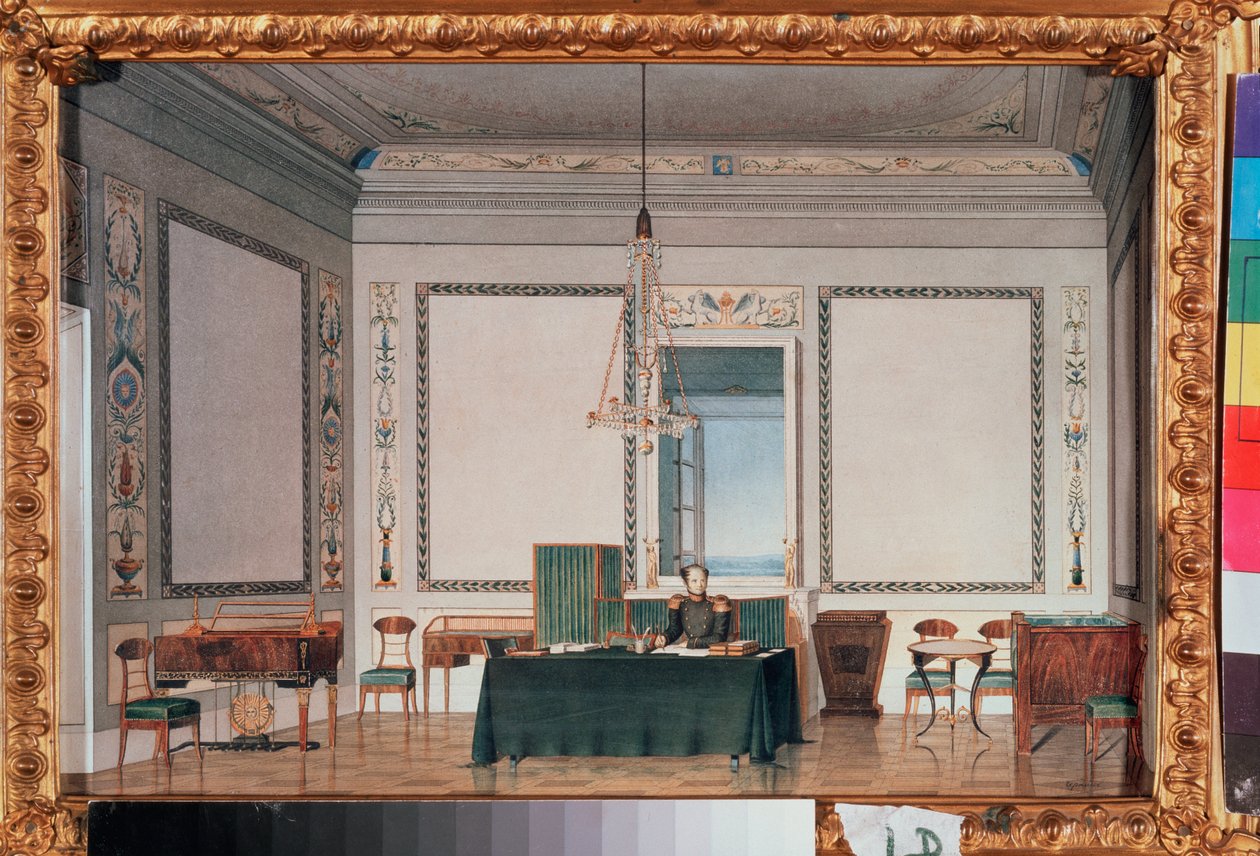 Kejser Alexander I (1777-1825) i sit studieværelse i Vinterpaladset (Sankt Petersborg) - Kejser Alexander I i sit Studieværelse i Vinterpaladset - Værk af Chernik, akvarel på papir af Tchernik Tchernik