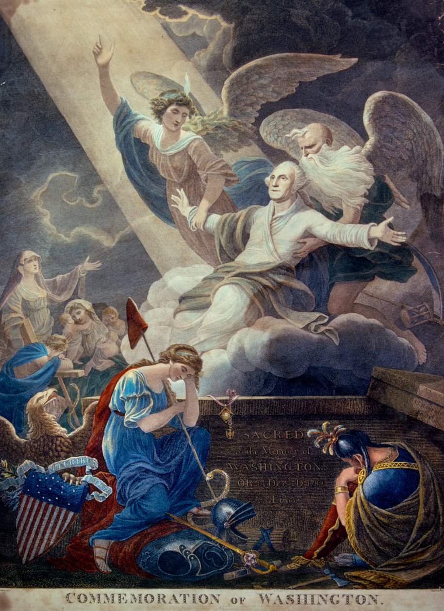 Farvet gravure af George Washingtons ære løftet til himlen af Time and Immortality, graveret i Philadelphia, ca. 1799 (gravure) (foto) af Ted Spiegel