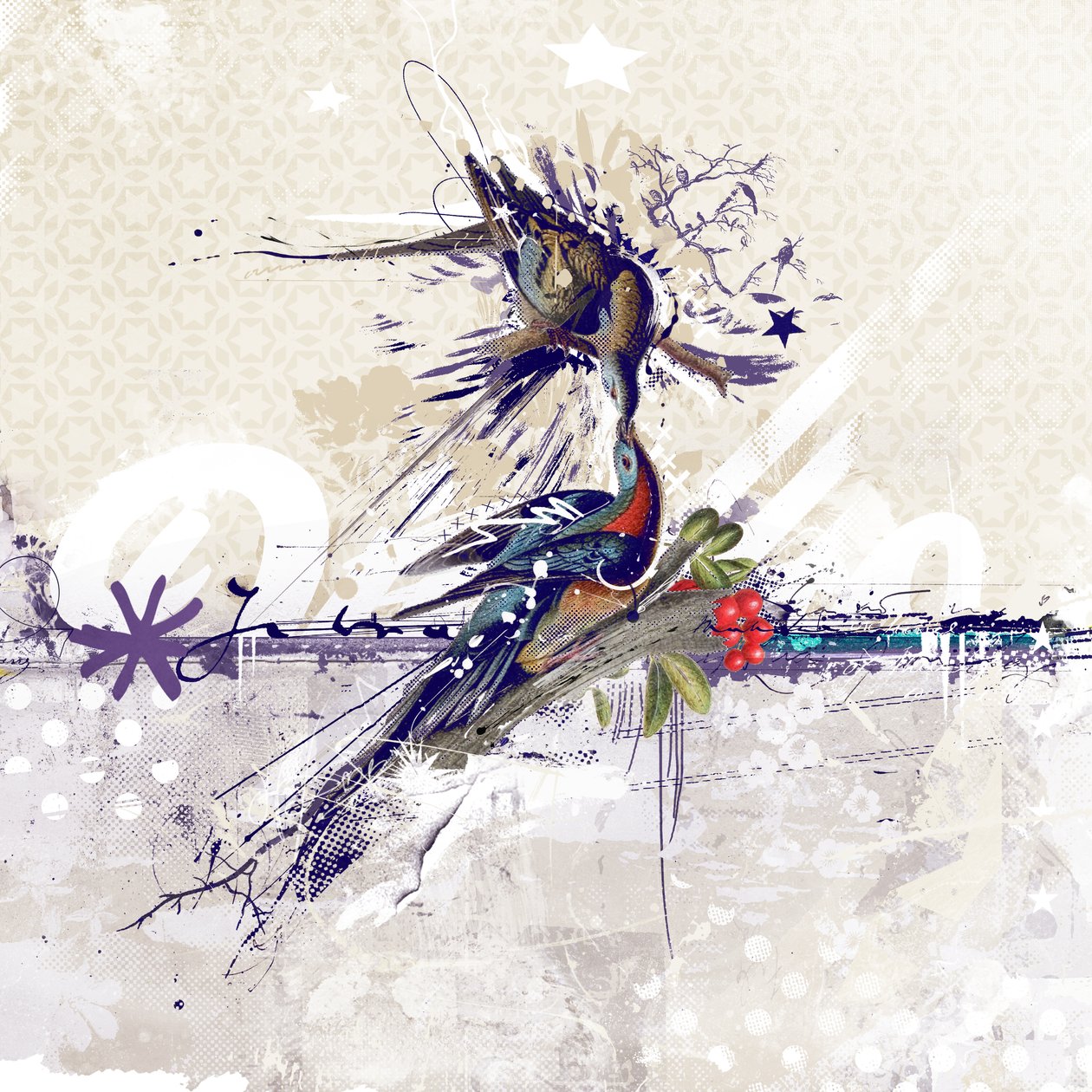 Cherry Blossom Birds, 2018 (kollaasi kankaalle) af Teis Albers